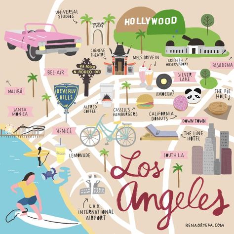 Los Angeles Los Angeles To Do, Los Angeles Map Illustration, Los Angeles California Things To Do, Californian Aesthetic, Los Angeles Trip, Map Of Los Angeles, Usa Aesthetic, La Travel Guide, Los Angeles Travel Guide