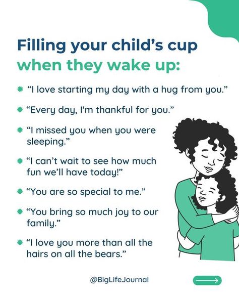 BIG LIFE JOURNAL on Instagram: "🌅 Rise and shine!  Discover seven wonderful ways to fill your child’s cup each morning.   Starting the day with positivity shapes their mood and mindset, fostering security and confidence.   Prioritizing morning connections empowers children to tackle challenges with resilience and enthusiasm.  Link in Bio to download our “5-Day Self-Love Challenge” for free! 💗  #biglifejournal #growthmindset #parentlife #positiveparenting #parentingtips #parentinghacks #parentingadvice #momlife #parenting #gentleparenting #consciouparenting #respectfulparenting #peacefulparenting #parentingscript #momtips #intentionalparenting #positivediscipline" Big Life Journal, Fill Your Cup, Parenting Win, Positive Affirmations For Kids, Parenting Knowledge, Kids Schedule, Intentional Parenting, Parenting Techniques, Affirmations For Kids