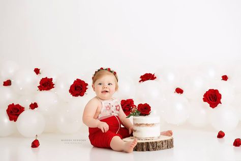 Valentines First Birthday Photo Shoot, Red Smash Cake, Rose Smash Cake, Valentine’s Day Cake Smash, Pink Cake Smash Photoshoot, Baby Girl Valentine’s Day Shoot, Smash Cake Photos, Milestone Cake, Cake Smash Inspiration