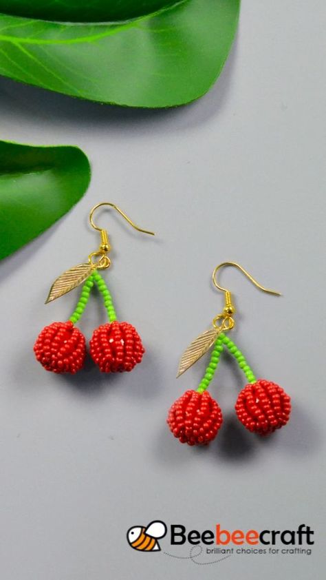 Anting Manik, Beaded Earrings Tutorials, Bracelets Handmade Diy, Beaded Earrings Diy, Cherry Earrings, Diy Bracelets Easy, Beaded Jewelry Tutorials, Handmade Jewelry Tutorials, Beaded Crafts