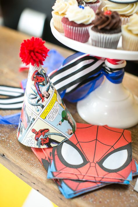 Pom pom Spider Man party hat from a Spectacular Spider Man Birthday Party on Kara's Party Ideas | KarasPartyIdeas.com (7) Spider Man Birthday Party, Spidey Birthday, Spider Man Birthday, Marvel Birthday, Marvel Birthday Party, Marvel Party, Ideas Fiesta, Spiderman Birthday Party, Spiderman Party