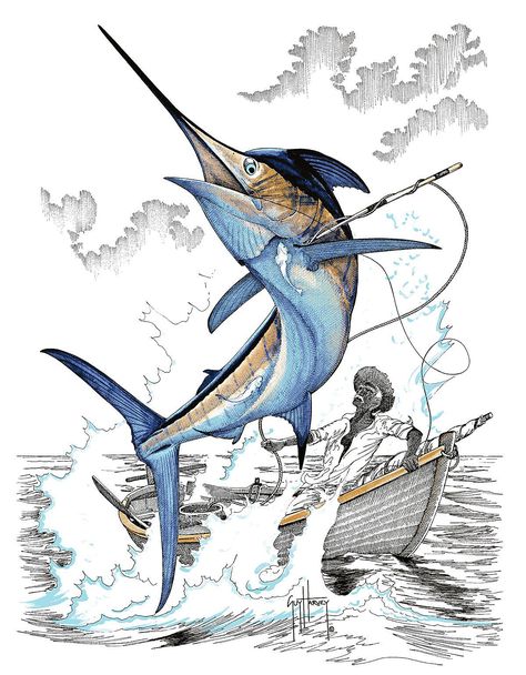 Guy Harvey (Painting Art) oldman and the sea The Old Man And The Sea Art, The Old Man And The Sea, Swordfish Tattoo, Guy Harvey Art, Fishing Painting, Marlin Fish, Marine Artist, Sea Tattoo, Sea Life Art