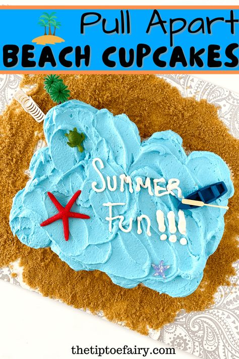 How to Make Summer Fun Beach Pull Apart Cupcake Cake | The TipToe Fairy Beach Pull Apart Cupcake Cake, Summer Cupcake Cakes Pull Apart, Cake Whale, Cupcake Cakes Pull Apart, Summer Cupcake, White Buttercream Frosting, Pull Apart Cupcake, Beach Cupcakes, Beach Themed Cakes