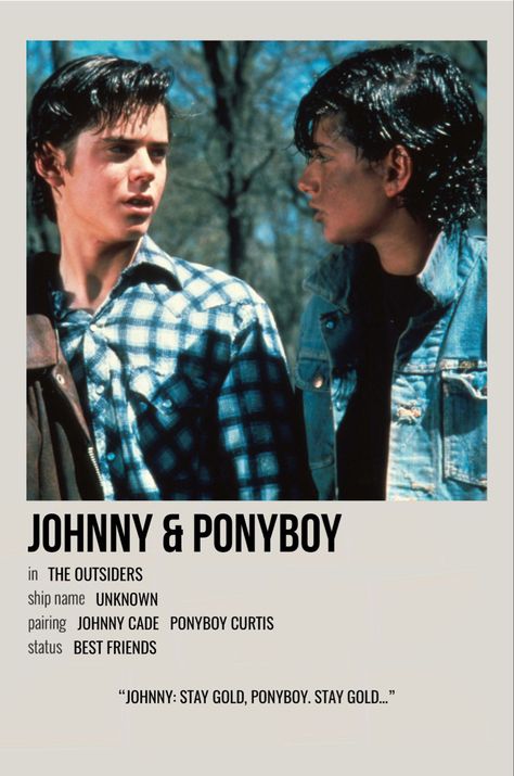 minimal polaroid relationship poster for johnny & ponyboy from the outsiders The Outsiders Rumble Scene, Johnny And Ponyboy, Downtown Bedroom, Outsiders Johnny, Alternative Minimalist Poster, Outsiders Art, The Outsiders Johnny, The Outsiders Ponyboy, 80s Boys