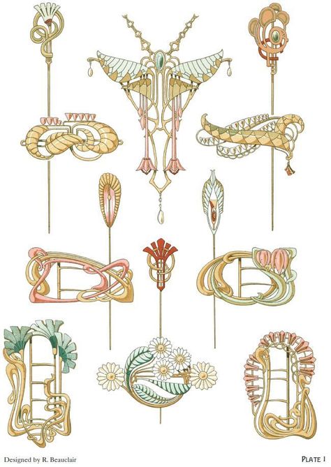 Art Deco Objects Design, Art Nouveau Jewelry Vintage, Fleurs Art Nouveau, Motifs Art Nouveau, Illustration Art Nouveau, Bijoux Art Deco, Design Art Nouveau, Bijoux Art Nouveau, Art Nouveau Illustration