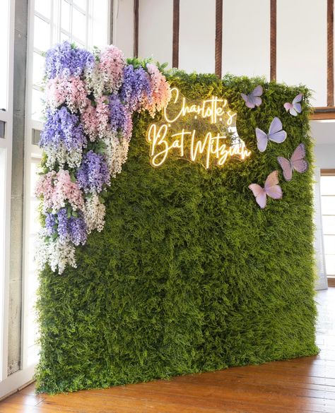 Floral Garden Quinceañera, Garden Wall Backdrop, Flower Wall With Butterflies, Enchanted Fairy Garden Party Backdrop, Princess And The Frog Photo Booth, Fairy Backdrop Ideas, Enchanted Backdrop Ideas, Secret Garden Theme Party Decor, Butterfly Garden Backdrop