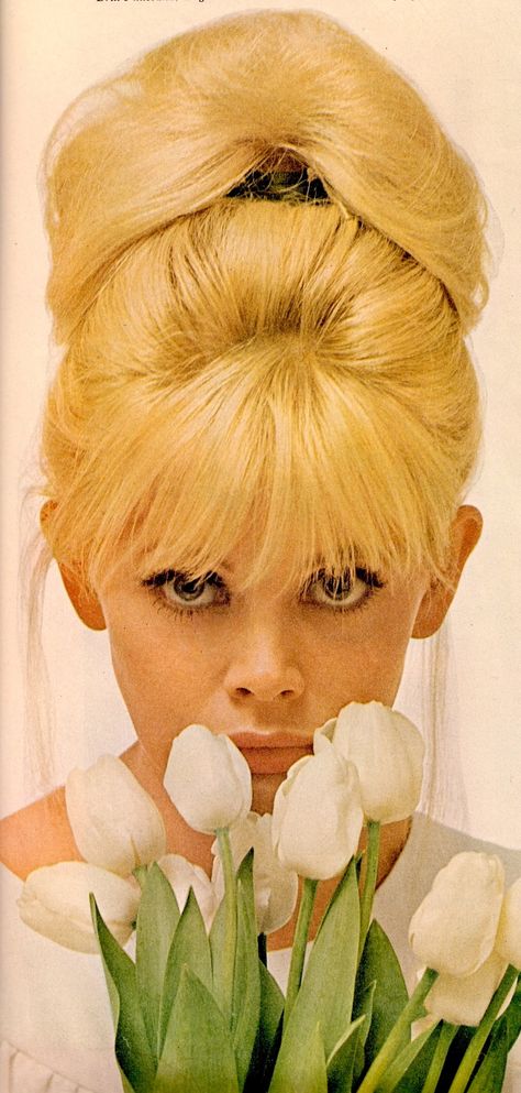 BRITT EKLAND bouffant 60's do. "There's something about a Blonde" article on blondes. From vintage Ladies Home Journal April 1966 (minkshmink) Journal April, Retro Updo, Britt Ekland, 1960s Hair, 60s Hair, Ladies Home Journal, Home Journal, Spiky Hair, Diy Beauty Hacks