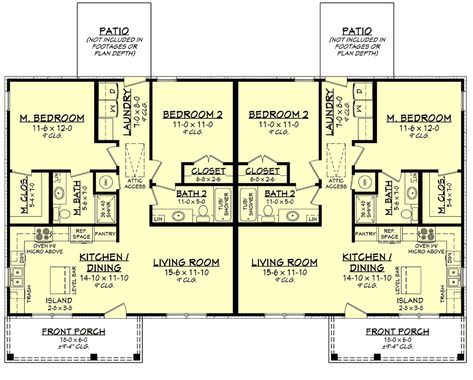 Traditional Style 2 Unit Duplex Plan Duplex House Plan, Duplex Floor Plans, Duplex Plans, 1000 Sq Ft, Bedroom Traditional, 2 Bedroom House Plans, Duplex Design, Duplex House Plans, Farmhouse Style House Plans