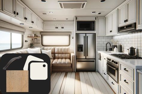 10 Chic RV Color Schemes for your Camper Remodel Interior Camper Paint Color Schemes, Vintage Camper Interior Color Schemes, Grey Rv Interior Color Schemes, Rv Painting Interiors Color Schemes, Rv Interior Remodel Color Schemes, Above Fridge Ideas, Rv Color Schemes, Rv Wallpaper, Decorating Your Rv