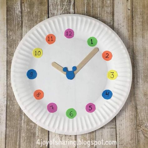 Paper Plate Clock Craft - The Joy of Sharing Paper Plate Clock, Toddler Clock, Mickey Mouse Clock, Clock Project, Mickey Mouse Crafts, Make A Clock, Clock Craft, Mouse Crafts, Clock For Kids