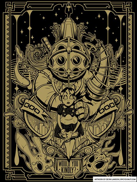 ArtStation - Would You Kindly?, Devin Lawson Bioshock Tattoo, Tuxedo Cat Art, Bioshock Art, Spiritual Images, Geek Tattoo, Gothic Fantasy Art, Wine Art, Retro Videos, Bioshock