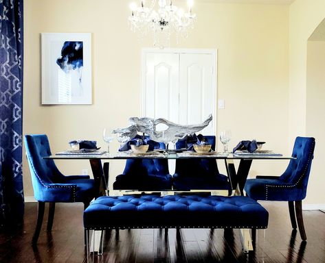 Contemporary royal blue dining room Royal Blue Dining Room Chairs, Royal Blue Kitchen Decor, Royal Blue Kitchen Decor Ideas, Royal Blue Dining Room, Royal Blue Kitchen, Blue Dinning Room, White Dining Room Decor, Blue Dining Room Walls, Vigan Philippines