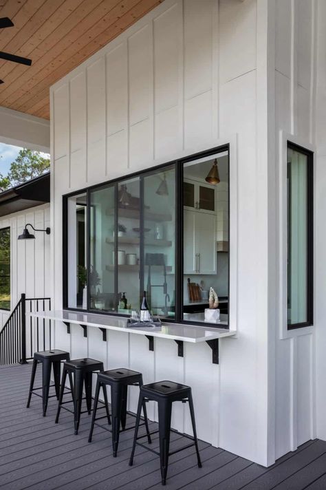 A cliffside modern farmhouse with awesome views over Texas Hill Country Porch Pass Through Window, Pass Through Window Kitchen, Kitchen Pass Through Window, Pass Through Kitchen, Kitchen Window Bar, Kitchen Pass, Pass Through Window, Farmhouse Patio, Window Bars