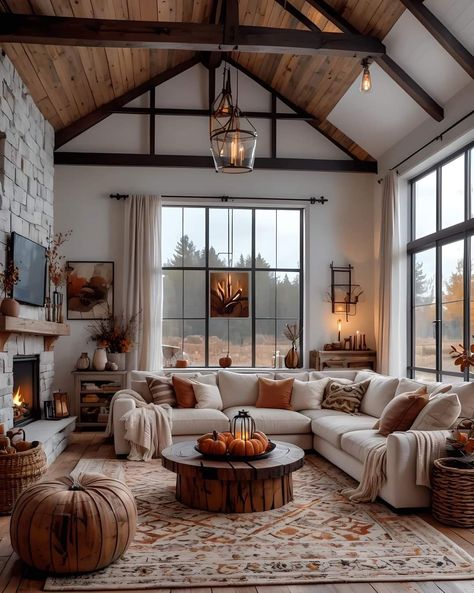 Mountain Home Interiors, Log Cabin Interior, Cabin Living Room, Fall Living Room, Open Concept Living Room, Living Room Design Inspiration, Mid Century Modern Living Room, Cabin Living, Open Living Room