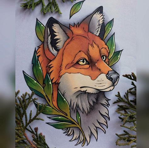 Traditional Fox Tattoo, Fox Tattoo Sketch, New Traditional Tattoo, Old School Tattoo Style, Fox Tattoo Design, Neo Tattoo, Tier Tattoo, Kunst Tattoos, Muster Tattoos