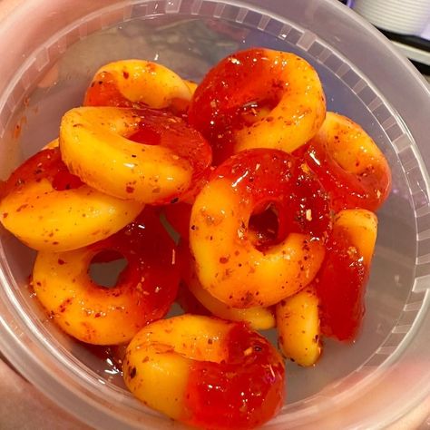 Soft & chewy peach rings covered in our homemade chamoy and seasoned with tajin, Delicious! Place your order today! Homemade Chamoy, Online Candy Store, Chocolate Covered Fruit, Goofy Ahh, Candy Store, Peach Rings, Candy Shop, Miami Florida, Chocolate Covered