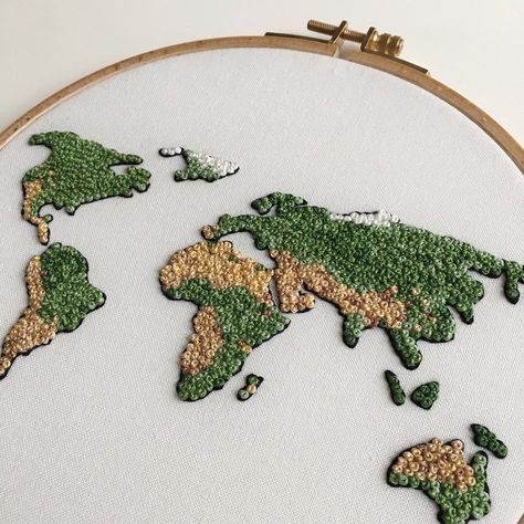 Embroidery French Knot Ideas, French Knot Embroidery Designs Ideas Free Pattern, World Map Embroidery, French Knots Embroidery, Knots Embroidery, Map Embroidery, Embroidery Map, Knot Stitch, French Knot Stitch