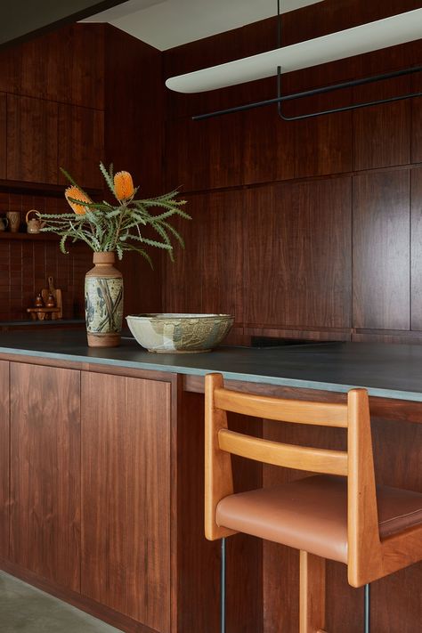 Kirsten Blazek, Kitchen Design Details, Mid Century Modern Kitchen Design, Integrated Kitchen, Caesarstone Countertop, Walnut Kitchen, Walnut Cabinets, Mid Century Modern Kitchen, All White Kitchen