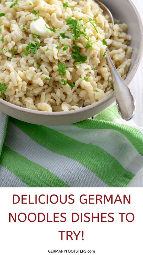 Bowl of German noodles garnished with parsley, accompanied by a spoon. Bavarian Potato Salad, Noodles Dishes, Red Beets Salad, German Noodles, German Red Cabbage, German Side Dishes, Best German Food, German Potato Pancakes, Spaetzle Recipe