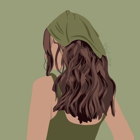 Green Woman Aesthetic, Sage Green Cartoon Aesthetic, Brown Hair Aesthetic Cartoon, Brunette Illustration, Breakfast Drawing, Girl Ilustration Aesthetic, Green Profile, Depreciation Illustration Girl, Hair Scarves