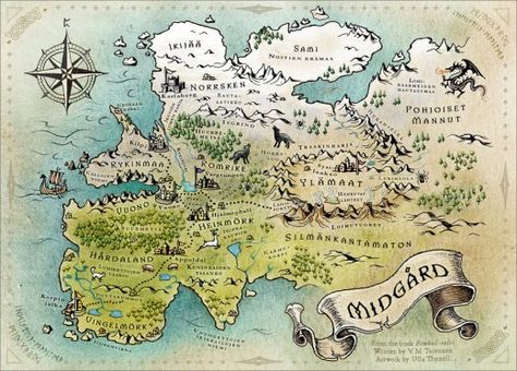 Midgard mapped - the world of mankind, one of the nine worlds in Norse mythology from which Odin's ravens, his messengers bring news Make Your Own Fantasy Map, Own Fantasy Map, Fantasy Map Making, Imaginary Maps, Fantasy World Map, Map Projects, Hand Drawn Map, Drawn Map, Rpg Map