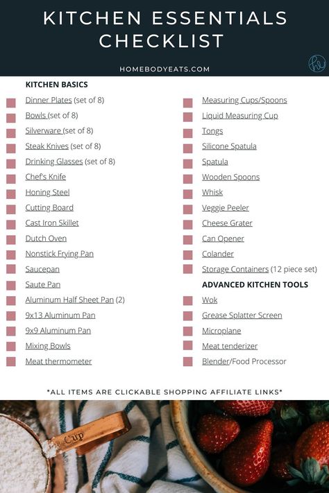 The ultimate kitchen supply list includes everything you'll need to buy for the kitchen in your new house, first apartment or home, or even after a remodel. This essentials checklist includes basic (and advanced) tools that every home cook needs in their kitchen. The list is built with budget-conscience, high-quality tools that will last! A complete free printable checklist is included! Kitchen Basics List Food, Kitchenware Checklist, Essential Kitchen Utensils List, Kitchen Registry Checklist, Basic Kitchen Essentials List, New House Must Haves List, Kitchen Supplies List, Dual Knives, Frozen Rice