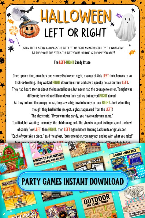 🎃 Halloween Left Right Game 🎃 Whisk your guests into a whirlwind of laughter and suspense with the Halloween Left Right Game! 🌌 As the spooky tale unfolds, pass your treats to the left or the right, and see where they end up. It’s a bewitching blend of story-telling and surprise, ideal for any Halloween gathering. 🕷🕸 Perfect for those who love a mix of chills and chuckles! 😄👻 #HalloweenLeftRightGame #SpookyStorytime #HalloweenFun #PartyGames Halloween Left Right Game Free Printable, Left Right Halloween Story Game, Halloween Left Right Game Free, Halloween Left Right Game, Halloween Games For Party, Best Halloween Games, Games For Party, Left Right Game, Halloween Emoji