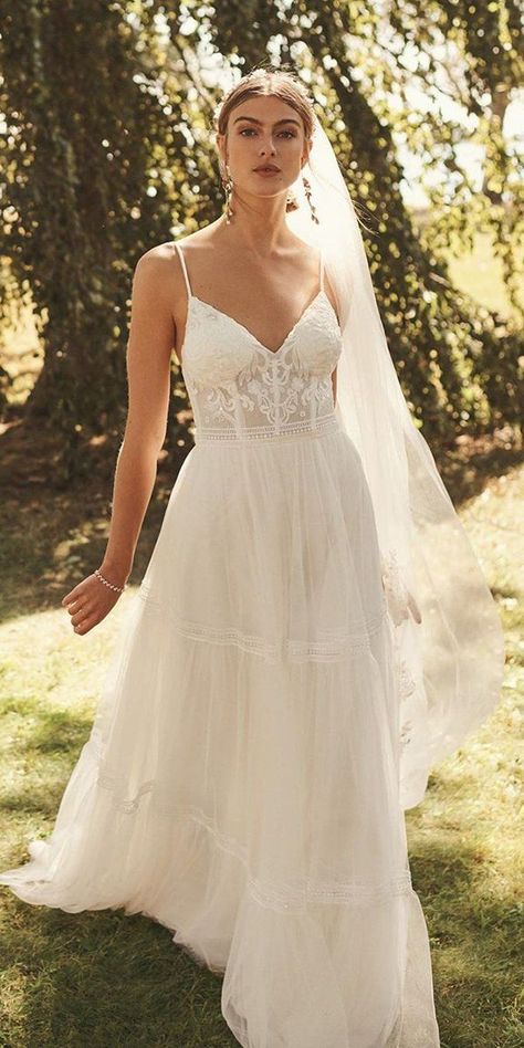 27 Bohemian Wedding Dress Ideas You Are Looking For ❤  bohemian wedding dress a line with spaghetti straps lace sweetheart neckline davidsbridal #weddingforward #wedding #bride Wedding Dresses With Sleeves Mermaid, Petite Bride, Wedding Dresses A, Wedding Dress A Line, Wedding Dresses A Line, Bridal Corset, Wedding Dress Ideas, Rustic Wedding Dresses, Country Wedding Dresses