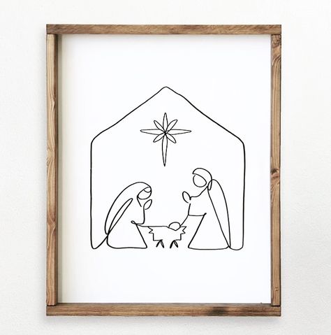 Christmas Drawing Nativity, Nativity Scene Line Drawing, Nativity Scene Outline, Diy Christmas Cards Nativity, Modern Nativity Painting, Simple Manger Scene Drawing, Simple Nativity Art, Nativity Scene Line Art, Christmas Wood Burning Patterns