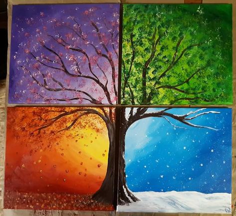 All Season Tree Painting, 4 Section Painting, 4 Season Acrylic Painting, 4 Seasons Canvas Painting, Temperature Painting Ideas, 4 Season Tree Art, 6 Seasons Painting, All Seasons Painting, Tree Four Seasons Art