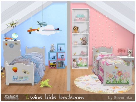 Twins kidsroom Toddler Bedroom Furniture, Twin Bedroom Sets, Bedroom Furniture Layout, Die Sims 4, Sims 4 Bedroom, Sims 4 Children, Kids Room Furniture, Twin Beds, Twin Bedroom