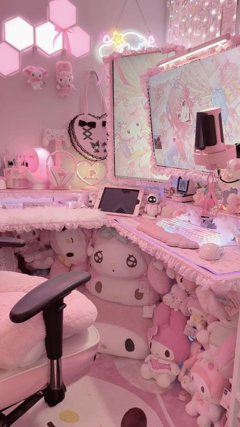 Kawaii Rooms With Loft Bed, Pink Gamer Room Aesthetic, Loft Gaming Setup, My Melody Pc Setup, Pink Streamer Setup, Pastel Goth Gaming Setup, My Melody Gaming Setup, Gaming Center Interior, Cute Room Items