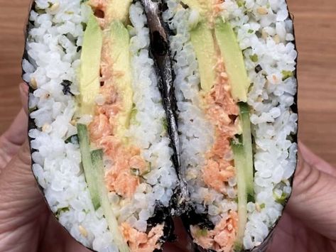 Salmon Onigirazu Recipe - Whisk Salmon Onigirazu, Japanese Salmon Recipes, Salmon Onigiri Recipe, Onigirazu Recipe, Rice Sandwich, Onigiri Recipe, Kitchen Tiny, Healthy Sushi, Pescetarian Recipes