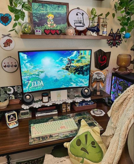 Zelda Gaming Setup, Zelda Inspired Room, Zelda Themed Room, Whimsigoth Room, Nintendo Room, Switch Aesthetic, Pokemon Room, Desk Corner, Diy Room Decor For Teens