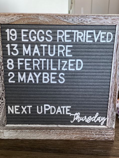 Message board to family after egg retrieval. Egg Retrieval Day Letter Board, Ivf Board Ideas, Egg Retrieval Ivf Letter Board, Egg Retrieval Ivf, Egg Retrieval Day, Ivf Baby Announcement, Ivf Announcement, Ivf Preparation, Ivf Egg Retrieval