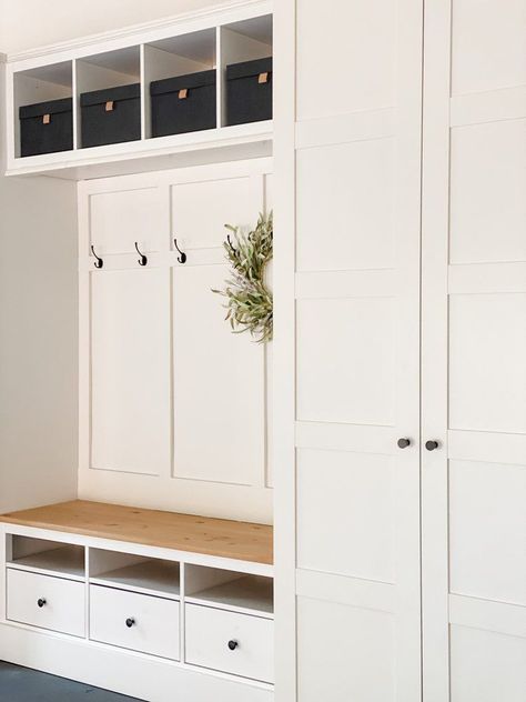 Ikea Hack Mudroom Storage, Diy Mudroom Ikea Hacks, Garage Mudroom Ideas Ikea, Lockers For Garage, Mudroom With High Ceilings, Ikea Cabinet Hack Mudroom, Ikea Hack For Mudroom, Ikea Cabinet Entryway, Ikea Mudroom Hack Storage Cabinets