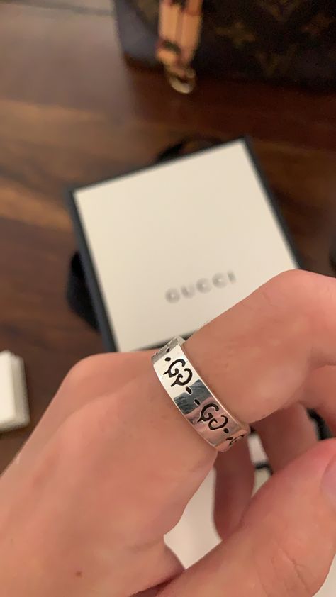 Silver Gucci Ring, Gucci Ring Aesthetic, Gucci Ghost, Gucci Ring, Hand Jewelry Rings, Gucci Rings, Gucci Jewelry, Dope Jewelry, Couple Jewelry