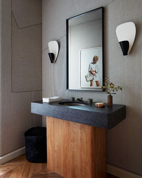 P.E. Guerin, Architectural Hardware since 1857 on Instagram: “Steven Volpe paired our Gear basin set with similarly linear wall upholstery in his masterful modern San Francisco powder room. Photo by…” Powder Room Storage, Bathroom Inspo, Mid Century House, Bathroom Vanities, Toilets, Bathroom Inspiration, Powder Room, Bathroom Interior, Single Vanity