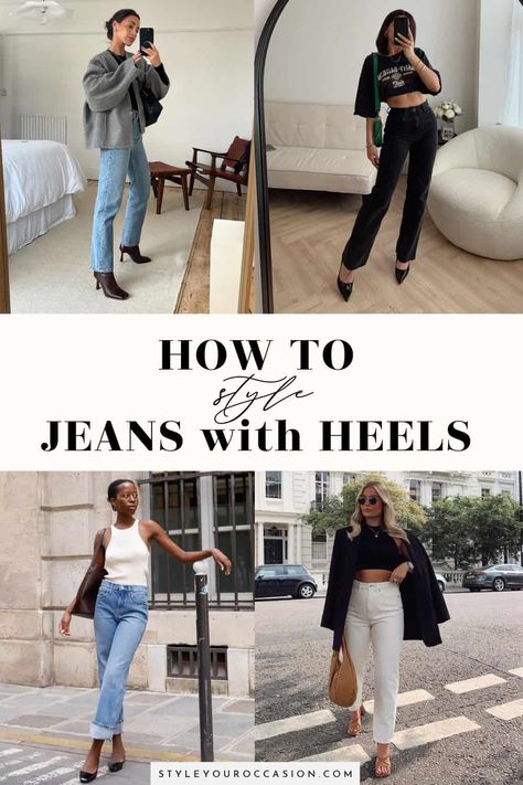 Looking for stylish jeans and heels outfit ideas? This list of jeans and heels outfits has tons of options for spring, summer, fall, and winter. Whether you want heels and jeans for a night out at the club, a dressy option for date night, a casual going out look, or classy jeans with heels and blazer for work, you’ll find the perfect aesthetic here! Jeans And Heels Outfit Dressy Classy, Outfit Ideas Dressy Casual, Blue Jeans Outfit Winter, Low Heels Outfit, Block Heels Outfit, Heels Outfit Ideas, Blue Jean Heels, Jeans And Heels Outfit, Club Outfit Night