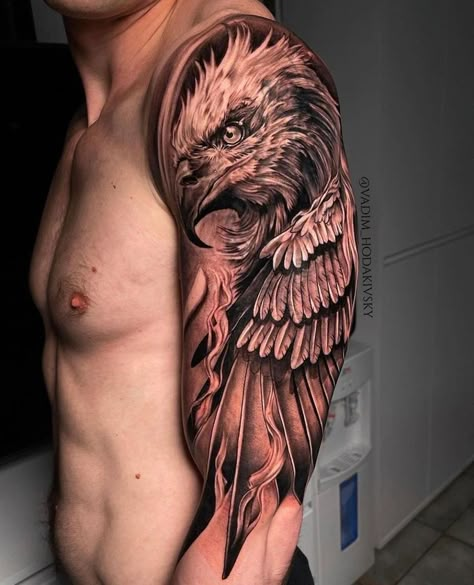 Demon Bird Tattoo, Eagle Tattoo Forearm, Eagle Tattoo Arm, Shoulder Tattoos For Men, Eagle Shoulder Tattoo, Phoenix Tattoo Sleeve, Arm Tattos, Bald Eagle Tattoos, Underarm Tattoo