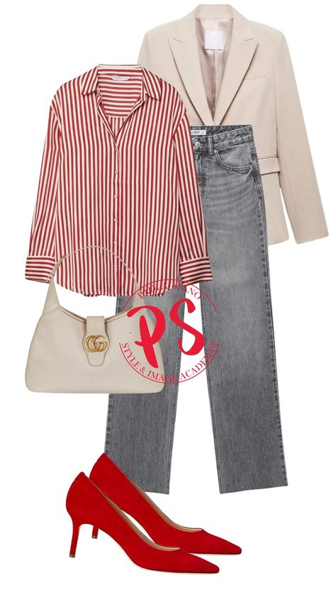 Navy Slacks Outfit Women, Grey And Red Outfits, Red And White Striped Shirt Outfit, Workshop Outfit, Red Blazer Outfit, Everyday Outfits Fall, Casual Work Outfits Women, Look Office, Color Combos Outfit