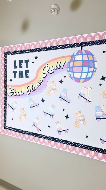 Stephanie & Loreal on Instagram: "We are so excited to let the good times roll into another school year 🛼💕☮️ Skate in with your groovy class and get funky with the easiest editable and printable bulletin board for back to school!! Link in our stories! #teachersfollowteachers #iteach #teachersofinstagram #teachersofig #classroomdecor #bulletinboard #bulletinboardideas #bulletinboards #carsondellosa #classroommakeover #classroomsetup #backtoschool #decoratewithme #artteacher #teacherreel" Cute Kindergarten Bulletin Board Ideas, Retro Bulliten Board, Retro Theme Bulletin Board, Let The Good Times Roll Bulletin Board, Groovy Hallway Decor, Roller Skate Bulletin Board, Disco Theme Bulletin Board, Groovy Aesthetic Classroom, Teaching Bulletin Boards