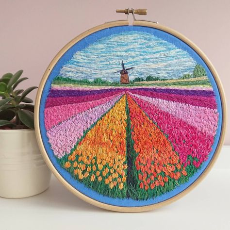 Windmill Embroidery, Textile Postcards, Hand Embroidery Tips, Scenery Embroidery, Drawing Wings, Netherlands Art, Embroidery Landscape, Landscape Embroidery, Spring Scenery