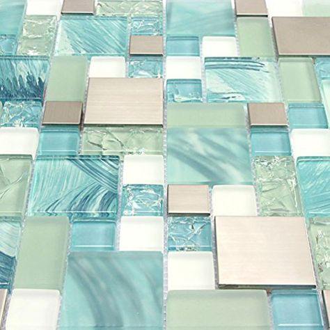 Kitchen Mosaic Backsplash, Backsplash Stainless Steel, Aqua Tiles, Kitchen Mosaic, Blue Glass Tile, Silver Kitchen, Stainless Steel Tile, Laundry Ideas, Glass Tile Backsplash