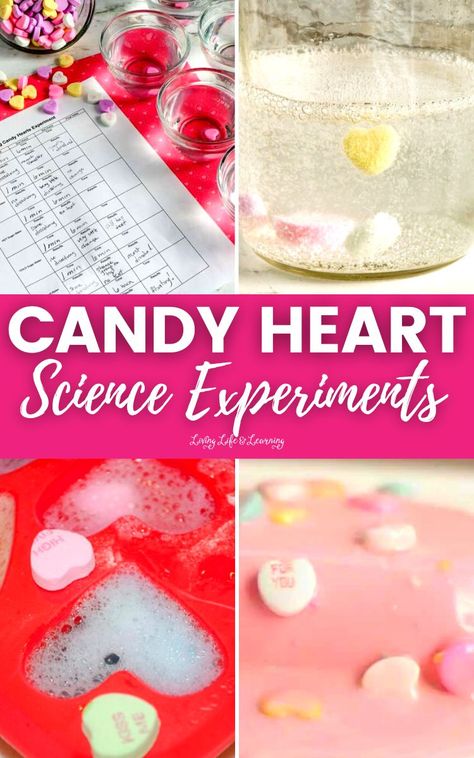 Heart Experiment For Kids, Valentine’s Day Experiments, Candy Heart Science Preschool, Candy Heart Science Experiment, Easy Snow Globe Craft, Valentine’s Day Science Experiment, Valentine Science Experiments, Consonant Blends Games, Easy Snow Globes