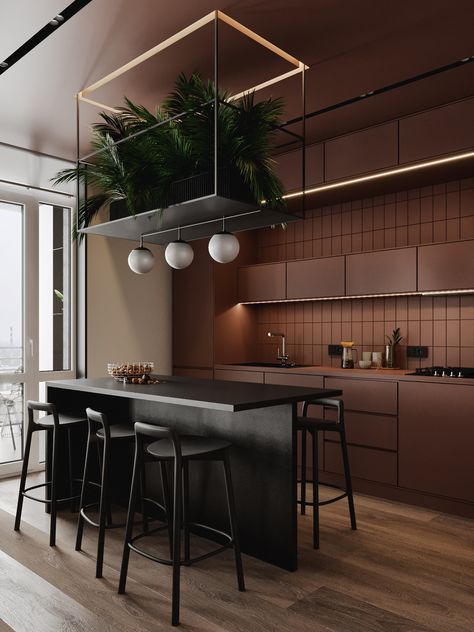 Artpartner Architects, Plant Chandelier, Modern Black Kitchen, Desain Pantry, Modern Kitchen Design Luxury 2020, Classic Kitchen, 아파트 인테리어, Modern Kitchen Design Luxury, Kitchen Room Design