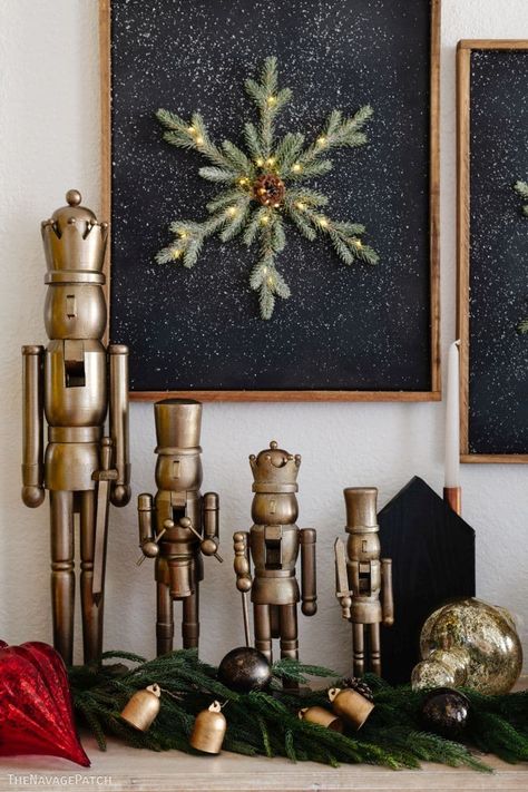 Modern Christmas Painting, Arhaus Christmas Decor, How To Repaint A Nutcracker, Paint Nutcracker Diy, Minimalist Nutcracker, Spray Painted Nutcracker, Gold Nutcracker Diy, Nutcracker Decorations Ideas, Christmas Decor Ideas 2023 Trends