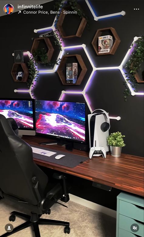 Hexagon Gaming Room, Gaming Room Wall Panels, Ikea Gamer Room, Star Wars Gaming Setup, Neon Gamer Room, Nanoleaf Lines Design Ideas, Game Room Shelves, Black And White Gaming Room, Gaming Room Lights