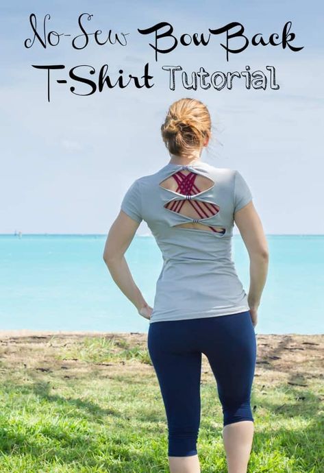 This no-sew bow back t-shirt refashion tutorial shows you how to turn a boring t-shirt into a super cool t-shirt that's perfect for Zumba! T Shirt Refashion, Zumba Shirts, T Shirt Reconstruction, Sew Bow, No Sew Bow, Altered T Shirts, T Shirt Tutorial, Womens T Shirts, Shirt Tutorial