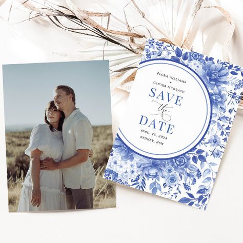 $3.08 | Chic Delft Blue Chinoiserie Wedding Save the Date #botanical garden floral wreath, bride groom mr and mrs, cool winter powder blue blooms, delft blue china porcelain, stylish whimsical elegant modern trendy, classy azure spring watercolor flowers, chinoiserie engagement, photo save the date, grandmillenial granny chic seaside beach, vintage hampton style peony rose Chinoiserie Wedding, Chinoiserie Design, Blue Chinoiserie, Floral Save The Dates, Date Invitation, Save The Date Templates, Delft Blue, Fun Wedding Invitations, Save The Date Card